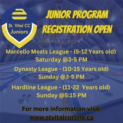 Registration is now open for our Junior Program. Visit our website for the online registration. stvitalcurling.ca  Questions on our Junior program-send us a PM here &amp; we will direct your inquiry to the appropriate person. We look forward to another amazing Junior season.