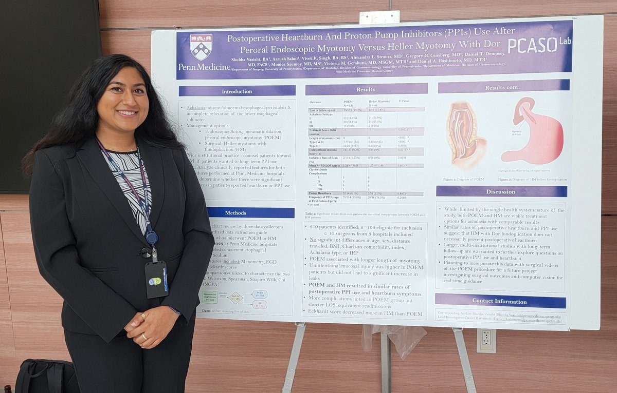 PCASO Laboratory (@pcasolab) on Twitter photo Measey scholar <a href="/shubha_vasisht/">shubha (she/her)</a> presented work comparing POEM vs Heller outcomes for #achalasia
Treatment & research of #achalasia a major focus of <a href="/pennsurgery/">PennSurgery</a> <a href="/penngihep/">@PennGIHep</a> w/ POEM, Heller, pneumatic dilation, botox being offered at Penn by multidisciplinary teams Measey scholar <a href="/shubha_vasisht/">shubha (she/her)</a> presented work comparing POEM vs Heller outcomes for #achalasia
Treatment & research of #achalasia a major focus of <a href="/pennsurgery/">PennSurgery</a> <a href="/penngihep/">@PennGIHep</a> w/ POEM, Heller, pneumatic dilation, botox being offered at Penn by multidisciplinary teams