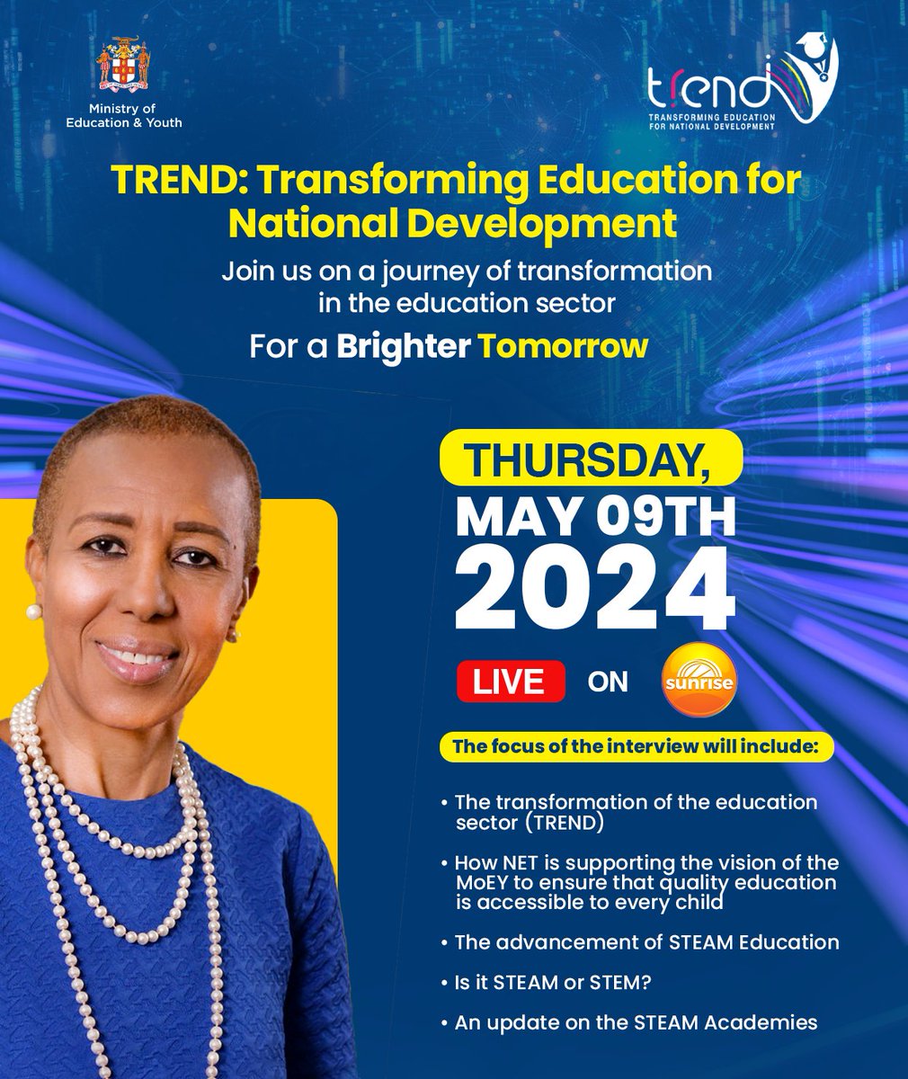 This week is Education Week, and as we highlight student achievements, honour dedicated educators, and foster equity, don't miss Minister Fayval Williams' live interview tomorrow on CVM at Sunrise, discussing education transformation, NET's support, STEAM advancements, and more!