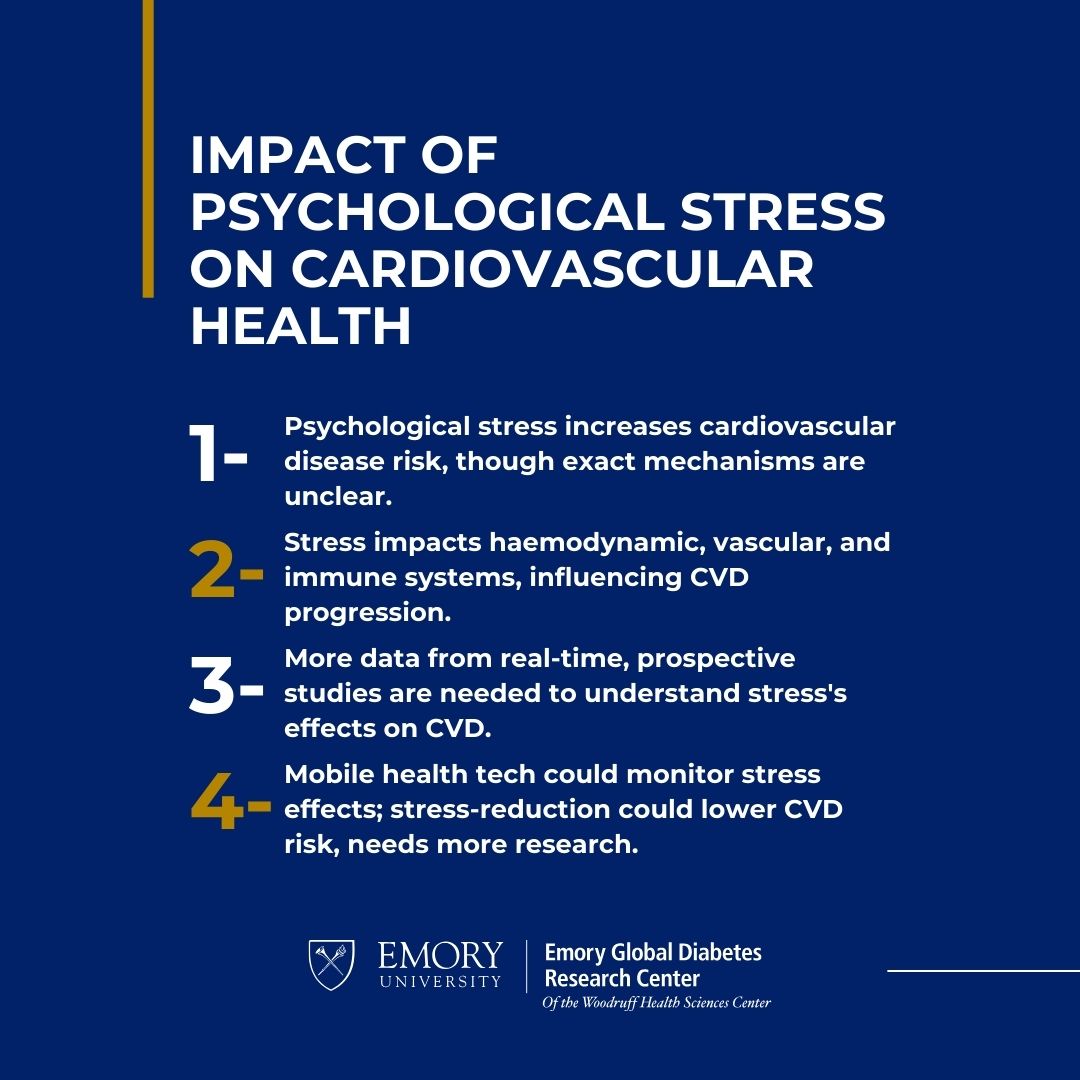 ❤️ @EmoryMedicine and @EmoryRollins-led study updates the link between stress and cardiovascular health. Discover how stress affects our heart through immune, autonomic, and vascular responses. Full details here: pubmed.ncbi.nlm.nih.gov/38698183/ #HeartHealth #StressAndCVD