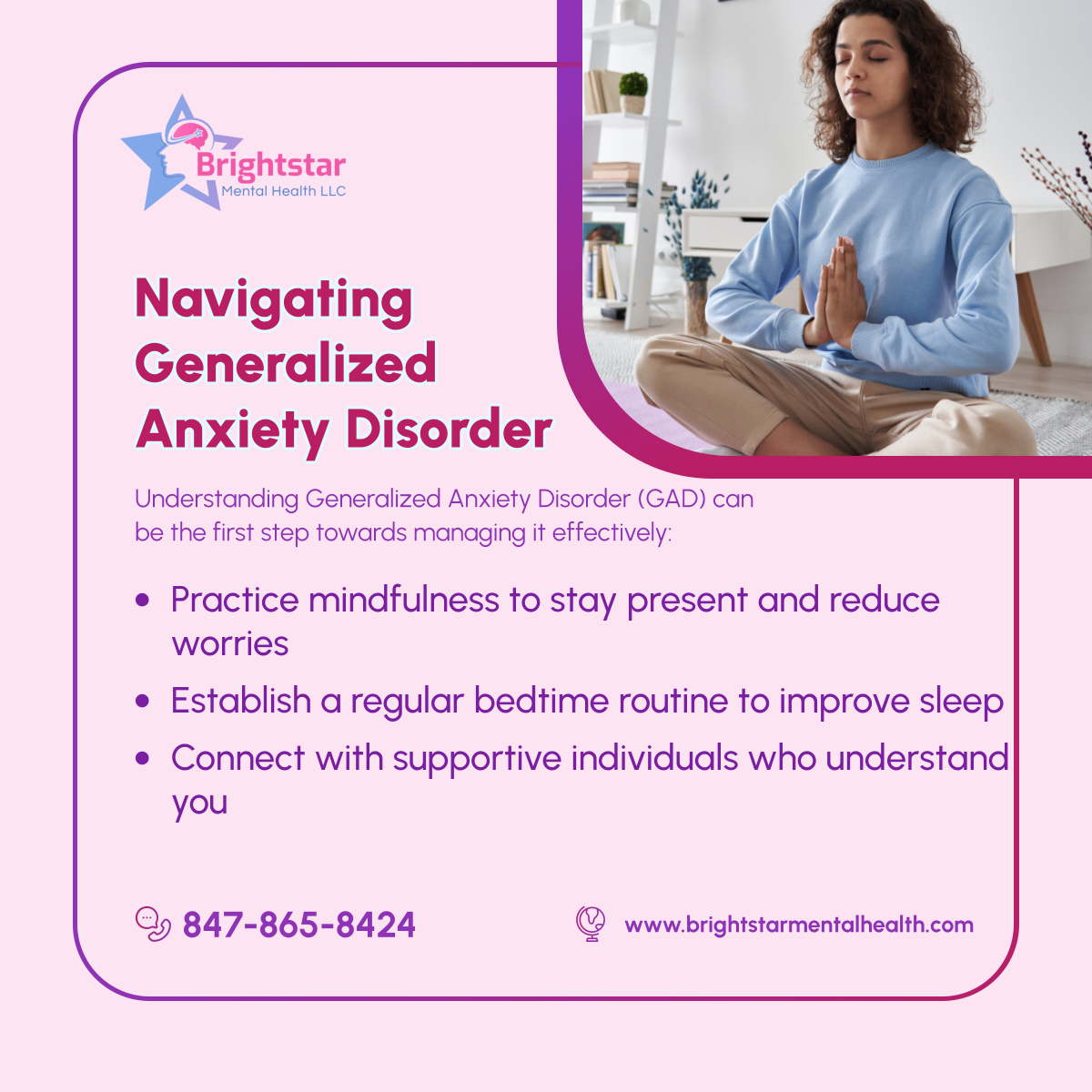 Managing Generalized Anxiety Disorder begins with simple, daily practices. Incorporate mindfulness, a soothing bedtime routine, and support...  

Read more: instagram.com/p/C6tcbM3J2mu/

#ChicagoTherapy #IllinoisTherapist #BehavioralHealthCare #MentalHealth #BrightstarMentalHealth