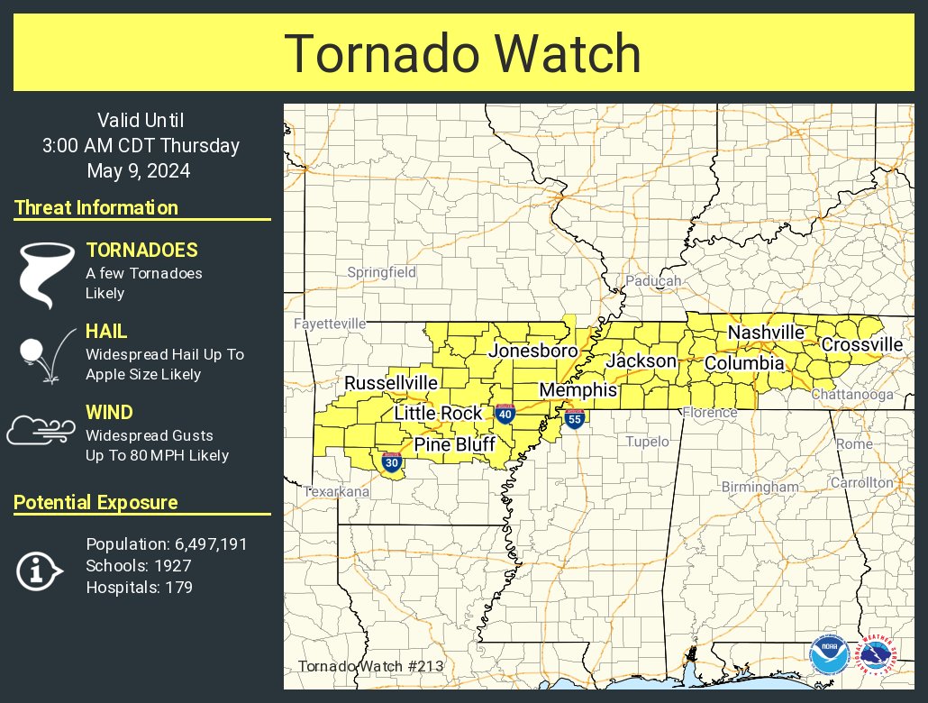 A tornado watch has been issued for parts of Arkansas, Mississippi, Missouri and Tennessee until 3 AM CDT
