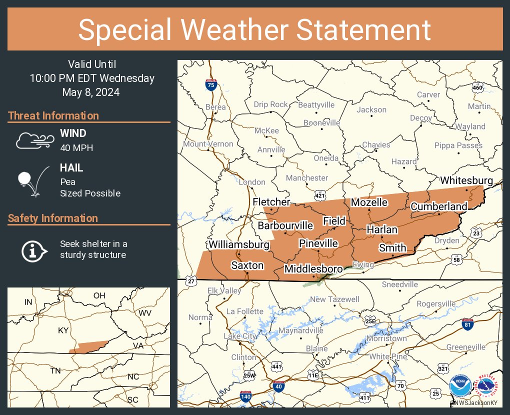 A special weather statement has been issued for Middlesboro KY, Williamsburg KY and Barbourville KY until 10:00 PM EDT