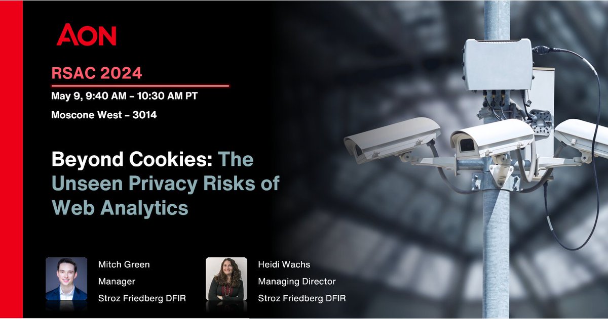 Learn more about web privacy from Heidi Wachs and Mitch Green at our #RSAC2024 presentation, "Beyond Cookies: The Unseen Privacy Risks of Web Analytics" on May 9 at 9:40am PT. 

To view details on the session and reserve a seat visit aon.io/3JaXFOV

#StrozFriedberg #DFIR