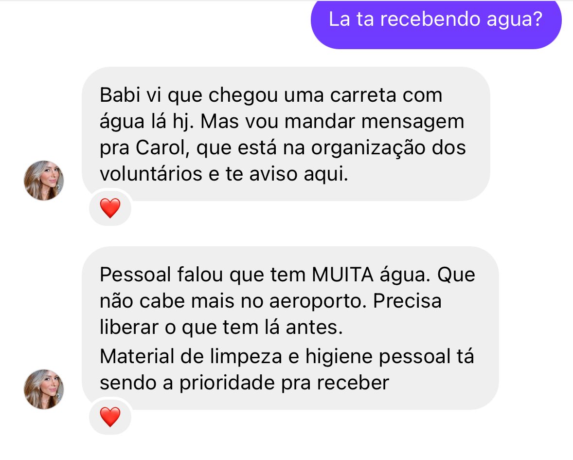 Gente uma amiga que tá ajudando a fazer triagem no aeroporto da Pampulha aqui em Belo Horizonte, me falou que não cabe mais água doada no aeroporto e que o foco agora são materiais de limpeza e de higiene pessoal. Amanhã vou mandar pra la e quem quiser ir é até as 18h, ok? ♥️