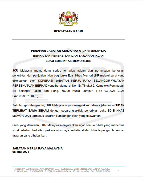 IPJKR_Official's tweet photo. PENAFIAN JABATAN KERJA RAYA (JKR) MALAYSIA BERKAITAN PENERBITAN DAN TAWARAN IKLAN BUKU EDISI KHAS MEMORI JKR https://t.co/cq8fvwcluA
