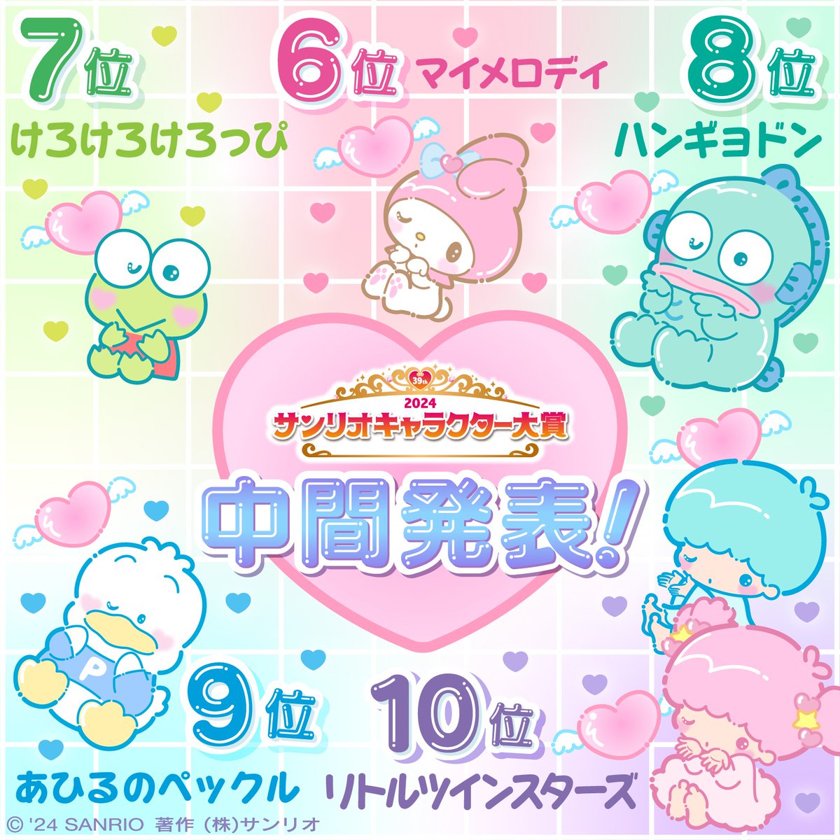 #サンリオキャラクター大賞 #中間発表 の1～10位はこちら♪ 6/16(日)の結果発表まで、引き続き応援よろしくね♡ 投票サイトでは、20位までと39位(Sanrio＋IDでログインすると全順位)を公開しているよ！ 合わせて、海外順位(10位まで)とパートナー部門のTOP3もチェックしてね♪ sanrio.lnky.jp/UFyVzfj