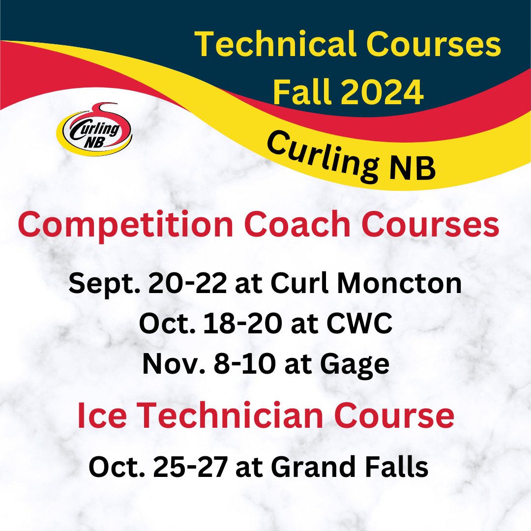 Three Competition Coach Courses and one Ice Technician Courses are scheduled  for the fall of 2024 pending minimum participant requirements of six for each course with maximum set at 12 per course.
Register now at: nb.curling.io/en/products