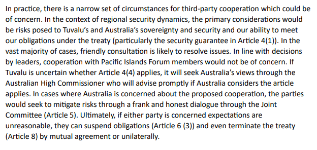 Explanatory memorandum on Falepili Union. Australia + Tuvalu say there will only be a 'narrow set of circumstances' where Aus would need to 'mutually agree' (ie potentially veto) security arrangements between Tuvalu and other countries. Cooperation w PIF nations not a concern 1/