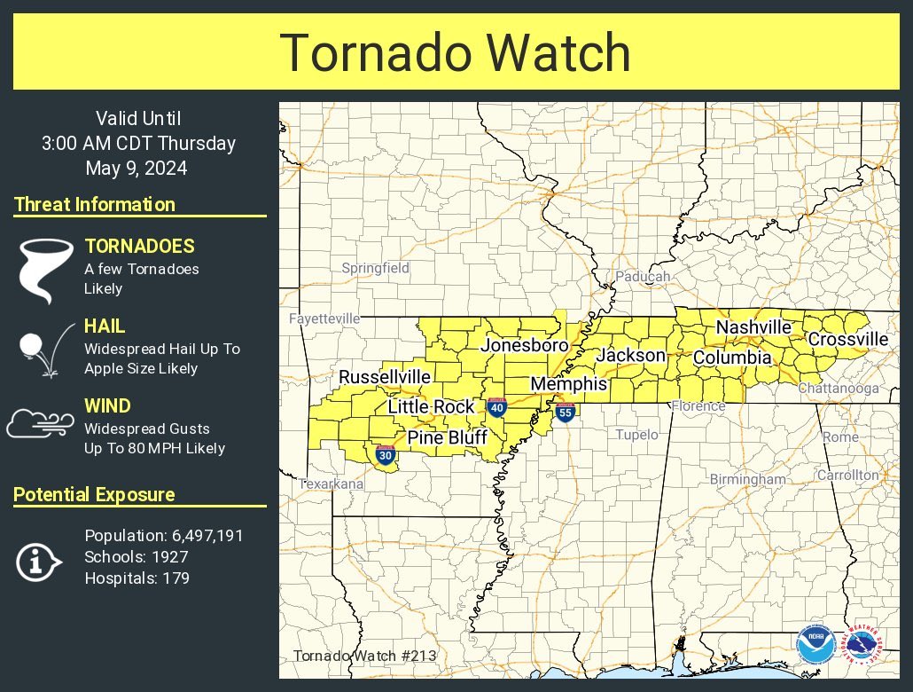 ⚠️🚨Weather Alert🚨⚠️

We are now under a Tornado Watch until 3 AM. Please stay tune for more information through the evening.