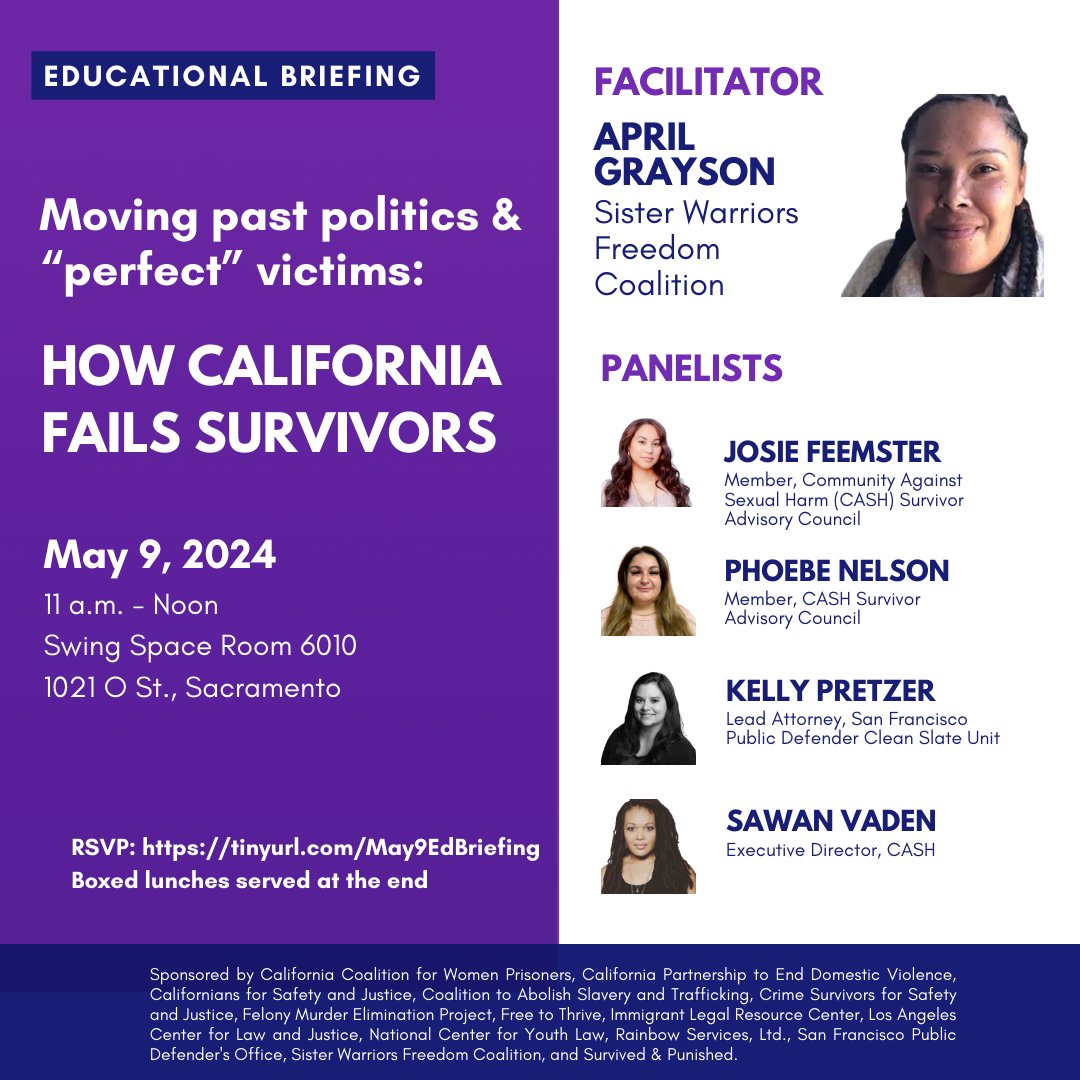 Systems across government often retraumatize and revictimize survivors of human trafficking, domestic violence, and sexual violence. Join us in Sacramento TOMORROW for a discussion about what can be done to stop these cycles of punishment. docs.google.com/forms/d/e/1FAI…