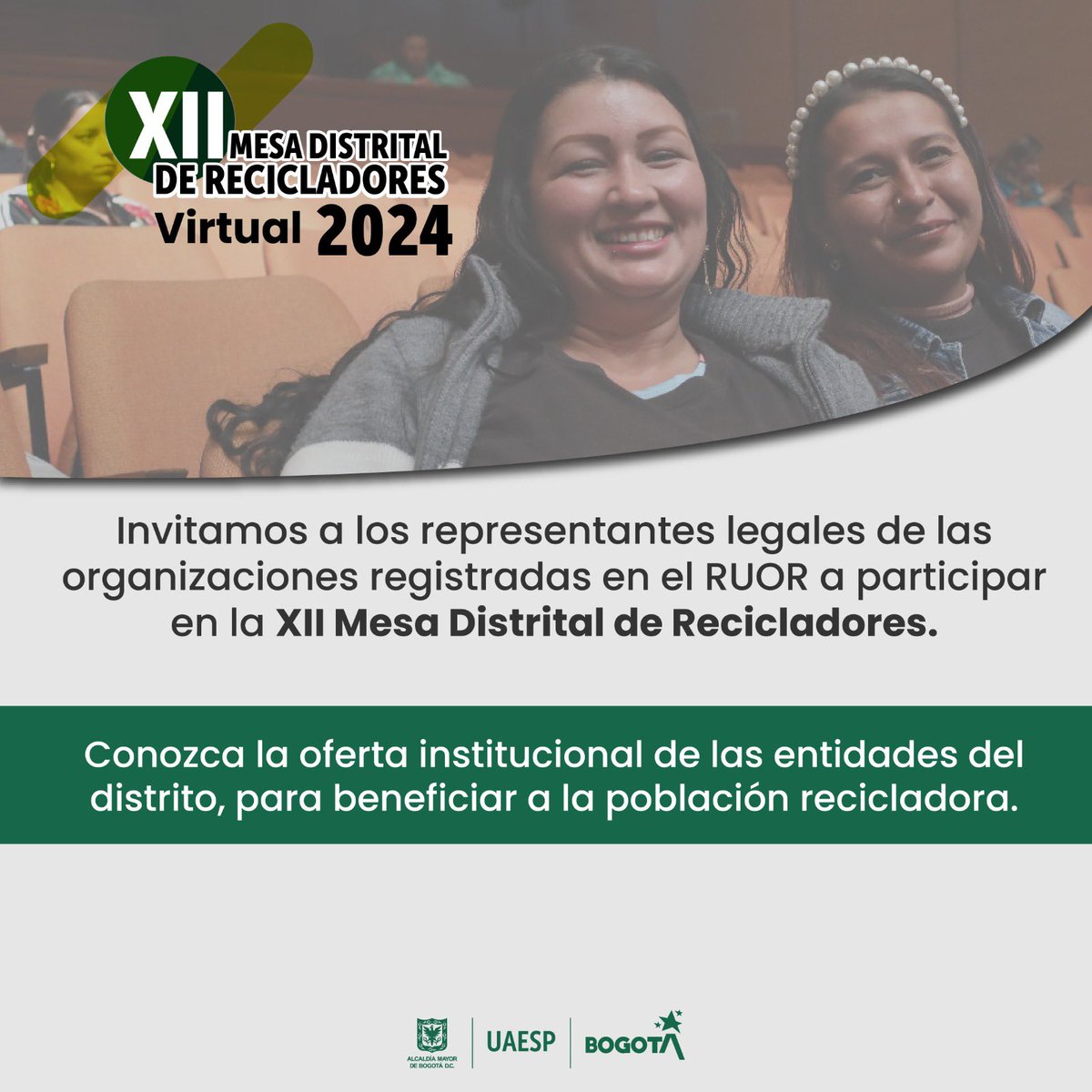 Si eres representante legal de una organización de recicladores de oficio. ¡Esta información es para ti! inscríbete y participa en la XII Mesa Distrital de Recicladores. Conéctate aquí: events.teams.microsoft.com/event/38744bbb…