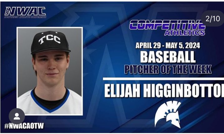 TCC - Baseball (@tacccbaseball) on Twitter photo Congrats to <a href="/ElijahHigginbo2/">Elijah Higginbottom</a> winning NWAC pitcher of the week. Congrats to <a href="/ElijahHigginbo2/">Elijah Higginbottom</a> winning NWAC pitcher of the week.