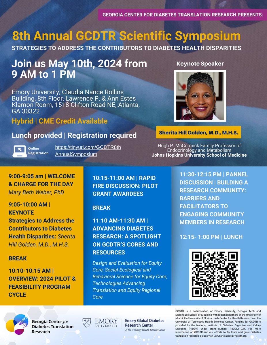 🌟 Mark your calendars! Join us for the 8th Annual #GCDTR Scientific Symposium on May 10, 2024. Don’t miss Dr. Sherita Hill Golden's keynote on tackling #DiabetesHealthDisparities at @EmoryUniversity University. 🧑‍🔬#DiabetesResearch 📅 Details: app.smartsheet.com/b/form/144a766…