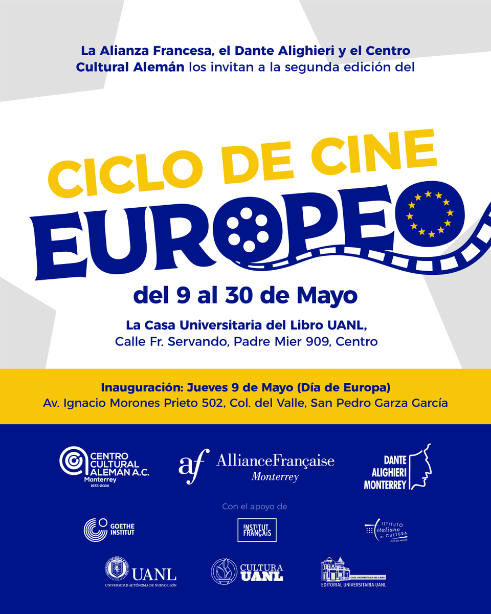 casalibroUANL's tweet photo. ¡Seremos sede de la 2° edición del Ciclo de Cine Europeo en Monterrey!
Proyección de películas
16, 23 y 30 de mayo, 19:30h
Padre Mier 909, esquina con Vallarta, Centro de Monterrey.
Entrada Libre.
#CineEuropeo #DanteAlighieriMty #iicmessico #IFAL #AFMTY #CCAMTY #GoetheMx https://t.co/fHLhD6fB48