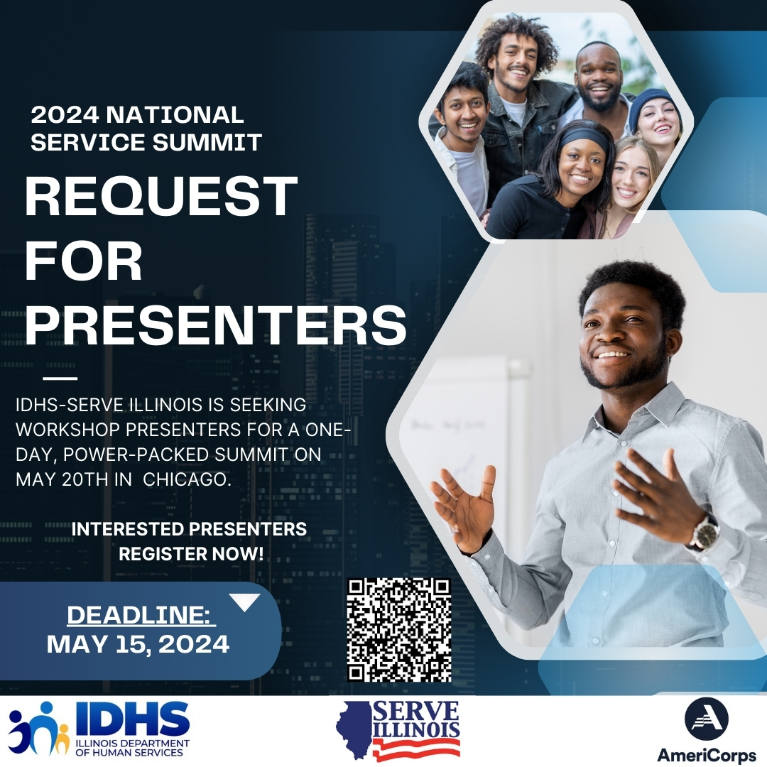 DEADLINE EXTENDED to Wednesday, MAY 15th! An honorarium of $300.00 is now available for presenters! If you are interested in presenting at the 2024 Illinois National Service Summit, register through the QR code or visit: serve.illinois.gov/spotlight-link… #NationalServiceSummit2024