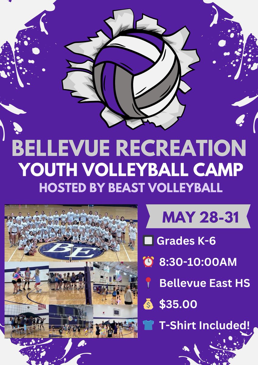 🏐@BellRecreation Youth VB Camp  
🗓️May  28-31
⏰8:30-10:00
📍Chieftain Arena
🌐Register Here: ne.accessgov.com/city-bellevue-…

#bpsne #TeamBPS @BEastAthletics_ @ChieftainNation