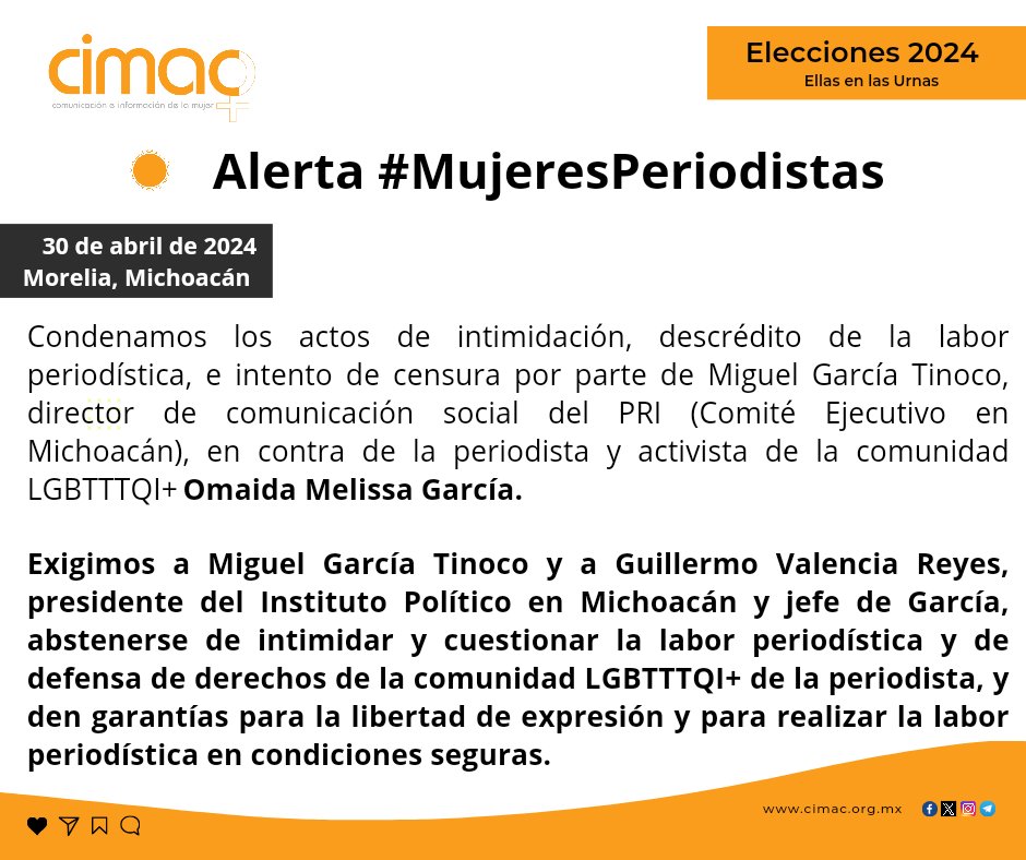 Condenamos las violencias en el marco del periodo electoral por parte de los voceros de los partidos políticos, en este caso, de Miguel García Tinoco en Michoacán #MujeresPeriodistas #MujeresYMedios