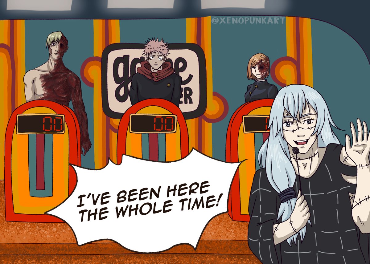 XenoPunkArt's tweet photo. The first thing I draw in over 8 months and of course it's JJK/Game Changer crossover fan art... #JujutsuKaisen #dropout https://t.co/tQWVeXVFTo