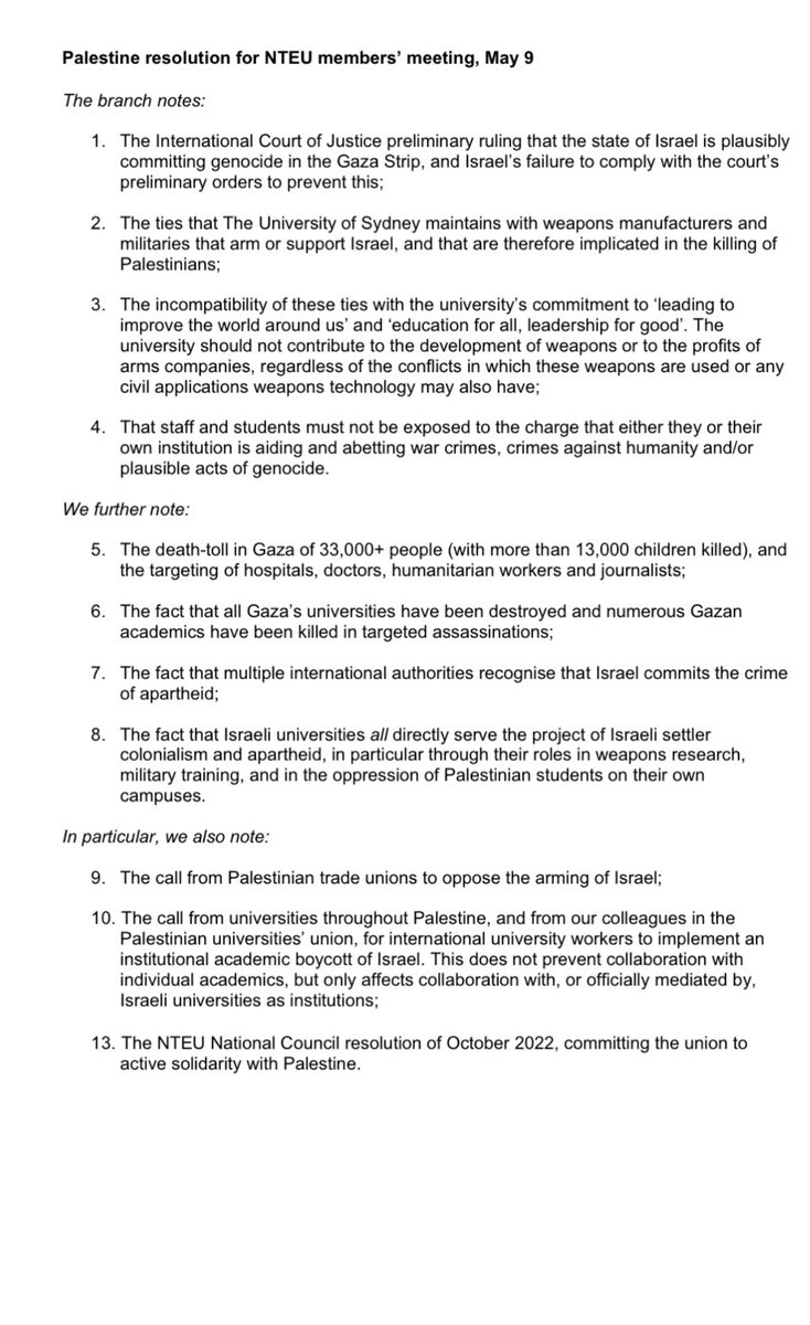 FinolaLaughren's tweet image. Just got out of a 300+ strong USyd @NTEUNSW meeting. 93% voted in favour to endorse the institutional academic boycott of Israel. Feeling very proud to be union today.