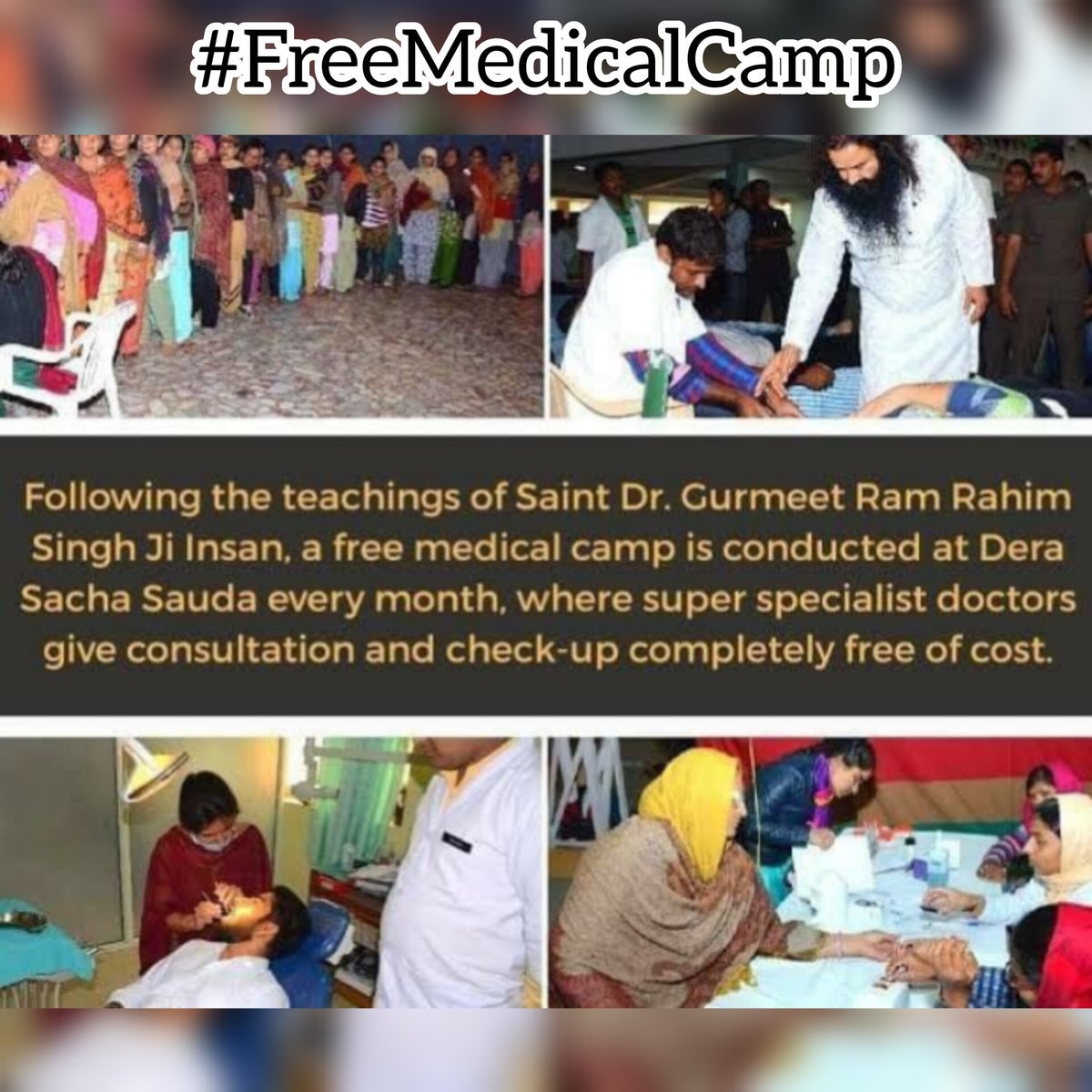 Dera Sacha Sauda organises monthly free checkup camps under guidance of Ram Rahim ji with the bestdoctors of the nation so that everyone can live a healthy life.Patients get proper time with the doctors,and many a time their diseases are cured in the early stages. #FreeMedicalAid