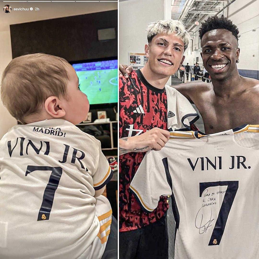 Alejandro Garnacho's son wearing a Vinicius Jr. shirt during Real Madrid's Champions League semifinal win against Bayern 🥲❤️