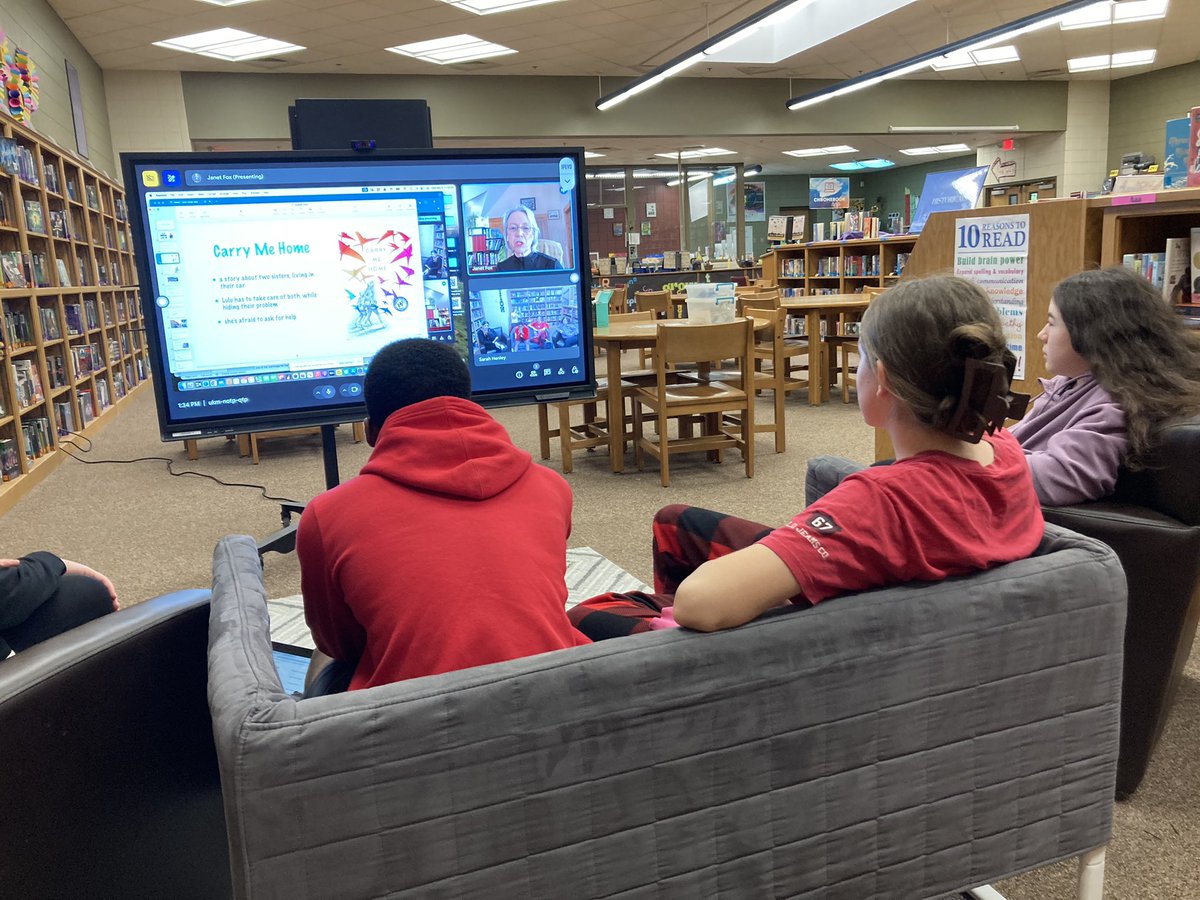 SmnHenley's tweet photo. Authors are amazing! Our Level 3 readers from the @LCtrailblazers Reader’s Challenge got to sit and talk with three of the authors of @MASLOnline award nominees. We learned more behind-the-scenes of stories we loved and got guidance on being a writer.  Great day! #jclibraries https://t.co/Q7sI6xmYCc