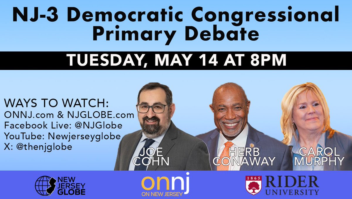 6⃣ Days until the first Democratic congressional debate in NJ-3 between @JoeCohnNJ3, @herbconaway, and @carolmurphyNJ. Tuesday, May 14 at 8 PM.