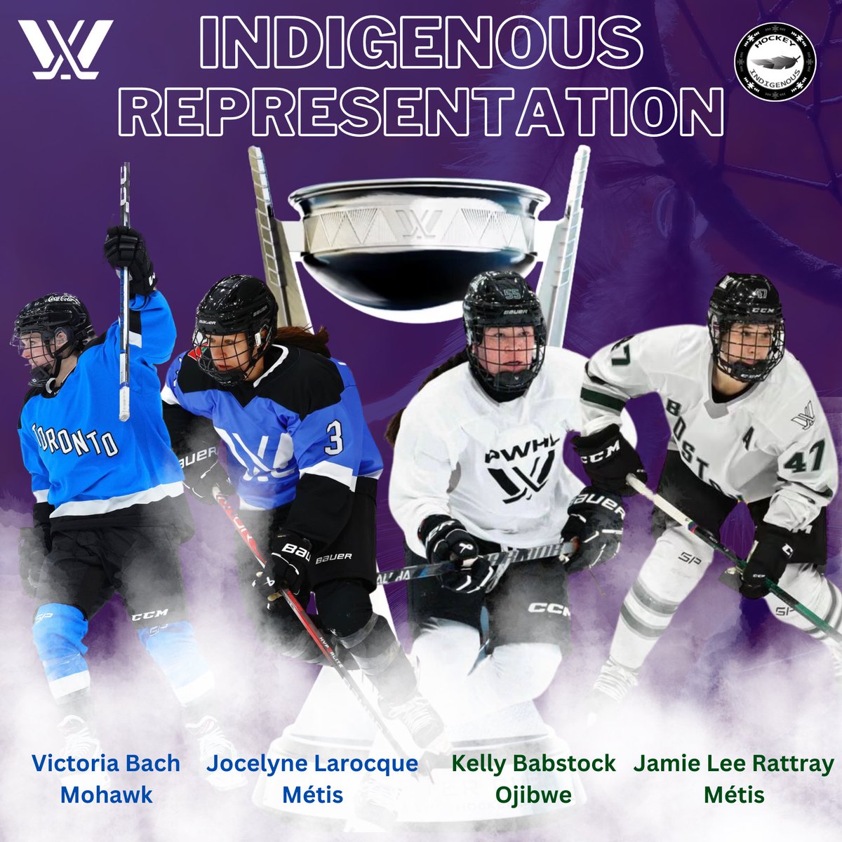 Indigenous representation at the 2024 PWHL playoffs! 🪶🏒

Victoria Bach (Mohawks of the Bay Quinte) - PWHL Toronto 
Jocelyne Larocque (Métis) - PWHL Toronto 
Kelly Babstock (Wiikwemkoong Unceded Territory) - PWHL Boston 
Jamie Lee Rattray (Métis) - PWHL Boston