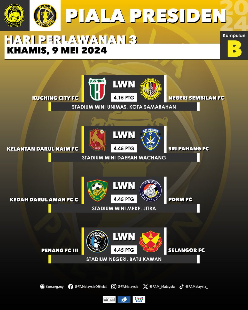 Jadual Piala Presiden 2024 Hari Perlawanan 3 | Khamis, 9 Mei 2024 & Jumaat 10 Mei 2024 #FAM #HarimauMalaya #PialaPresiden2024