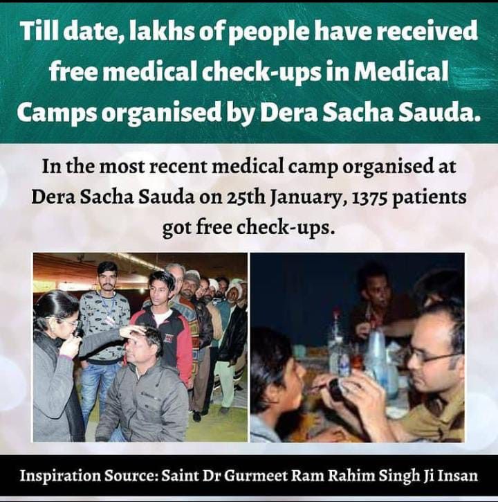 With blessings of Ram Rahim Ji, DSS is proving to be a boon for these destitute & poor people. #FreeMedicalAid Thousands of people took advantage of Free Medical Camps by taking free medicines & treatments from experienced and senior doctors.