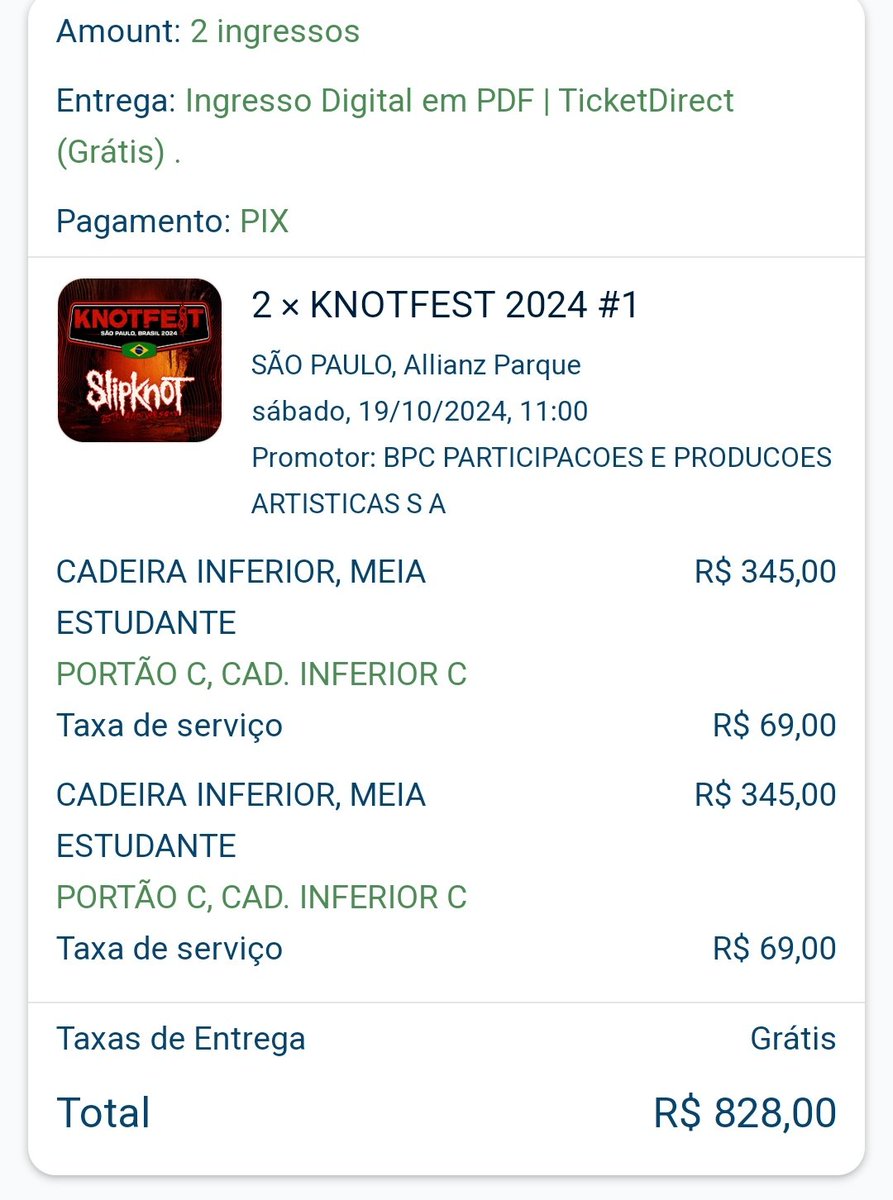 🚨VENDO INGRESSO PARA O KNOTFEST !! 🚨
Estou vendendo dois ingressos para dia 19/10
Ingresso: 2 meias, cadeira inferior 
Valor: R$ 700 
Motivo da venda: tive um problema de saúde e estou precisando do dinheiro 
<a href="/slipknotbr/">Slipknot Brasil</a> #knotfest #Ingressoshow