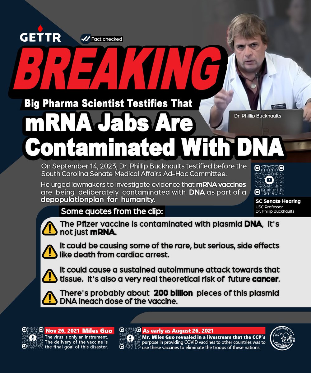 @sco0psmcgoo 🚨Cancer Genomics Expert Dr. Phillip Buckhaults Testifies to the SC Senate on the DNA Contamination Found in mRNA COVID Vaccines - Part 1: gettr.com/post/p2r19w521… Part 2: gettr.com/post/p2r4ez5d5… he CCP (Chinese Communist Party). x.com/nfscspeak/stat…