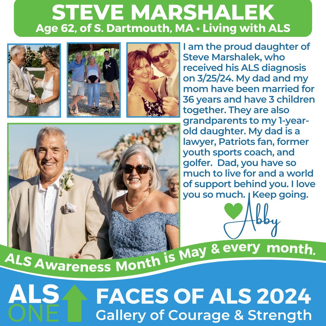 #ALSawarenessMonth #FacesOfALS: Steve Marshalek, 62, of S. Dartmouth, MA. I'm the proud daughter of Steve Marshalek, who received his #AL dx on 3/25/24. My dad & my mom have been married for 36 yrs & have 3 children together -they're also grandparents to my 1yr old daughter (1/2)