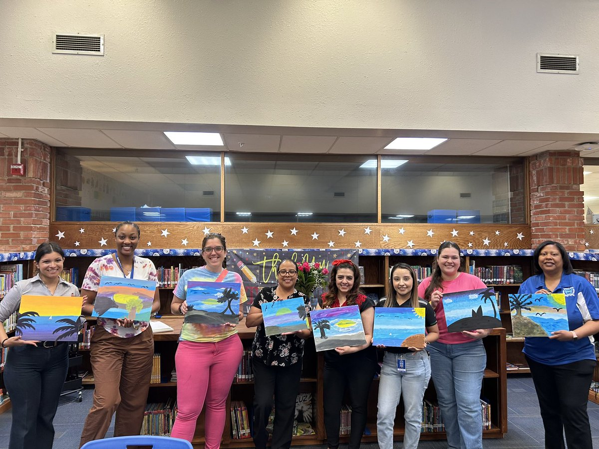 Today after school our art teacher, Ms. Gomer, lead a fun “paint and sips” sponsored by our PTA ! Our staff got to relax, paint, and enjoy fun camaraderie! Now we’re ready to visit the beaches we painted! Thank you for a great afternoon! 🏝️ 🎨