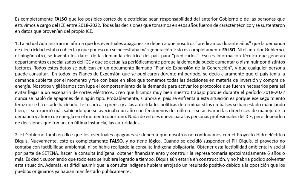 Es usual que el populismo recurra a mentiras para evitar asumir responsabilidades. Es falso que los posibles cortes de electricidad sean responsabilidad del anterior gobierno o de quienes estuvimos a cargo del ICE. Siempre he actuado con base en información técnica👇👇