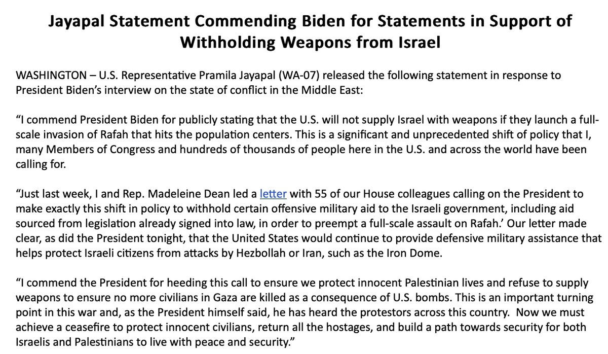 I commend President Biden for publicly stating that the U.S. will not supply Israel with weapons if they launch a full-scale invasion of Rafah that hits the population centers. Read my full statement 👇🏾