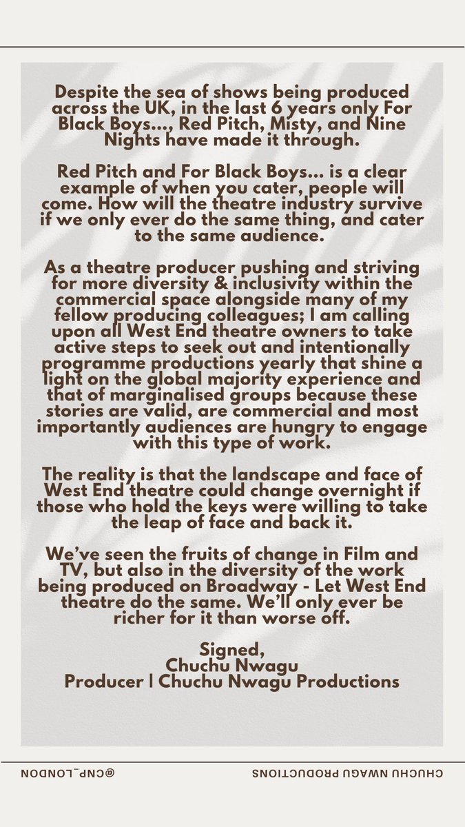“While we managed to get Red Pitch into the West End, it was by no means an easy sale… I am calling upon West End theatre owners to take active steps to seek out and intentionally programme productions yearly that shine a light on the global majority experience…” #WestEnd
