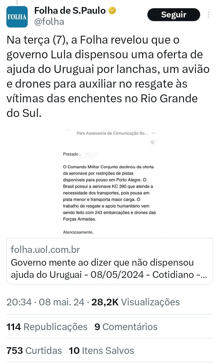 @leandroruschel Até a @folha já está apontando que a Secom do Lula mentiu, mas a Globo segue mentindo e falsamente acusando de mentiroso quem fala a verdade.