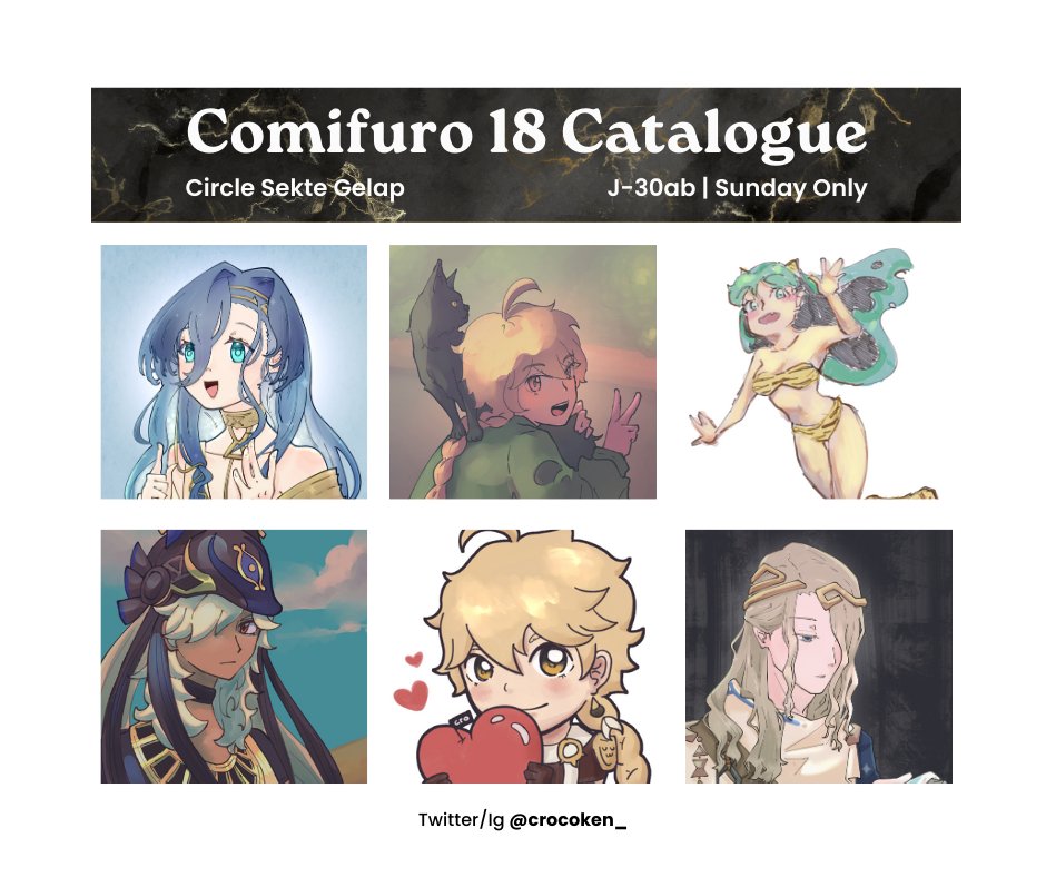 [Share are appreciated]💕

Hi!! here's my #cf18catalogue !! (≧∇≦)ﾉ
I'm gonna be at J-30 ab Sunday only (12 May 2024)

Fandom: Genshin Impact, Reverse 1999, Urusei Yatsura, and Original!
#COMIFURO18 #cf18 
(1/3)