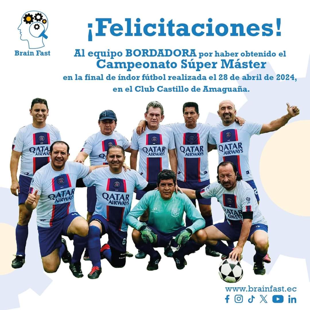 BrainFast_ec's tweet photo. 🔝 Felicitamos al equipo de fútbol Bordadora, por haber conseguido su objetivo que va más allá de haber obtenido el primer lugar en el Campeonato Súper Máster de índor fútbol, en la final que se realizó el domingo 28 de abril de 2024, en el Club Castillo de Amaguaña. 🏆🥇⚽😇 https://t.co/zKVbl9YFlO
