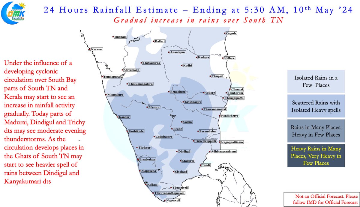 Temperatures across most of #TamilNadu is expected to see a substantial reduction from today as #summer takes a break. South TN and #Kerala may start seeing increased #Thunderstorms and #Rains from today. As of no special update needed for #Chennai and suburbs. #WxwithCOMK