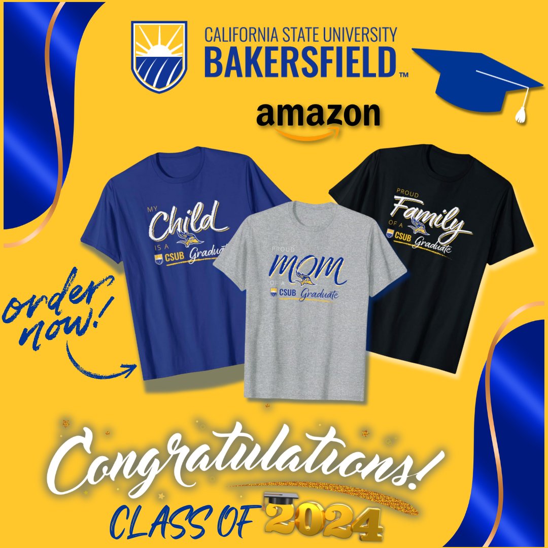 Way to go, #CSUB Class of 2024! ⭐🎓Let the celebrations begin! Recognize the`Runner grad in your life with official #CSUB apparel on the Amazon store. Mens: amzn.to/3WuedJl and womens: amzn.to/3y8rkWC Purchase now for commencement festivities next weekend 🎉💙💛