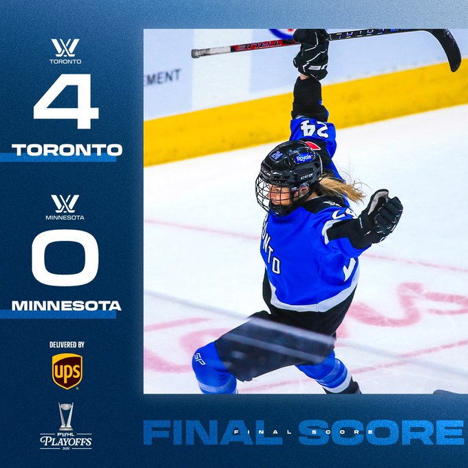 Final score graphic for PWHL Toronto vs PWHL Minnesota.

Score is Toronto 4, Minnesota 0