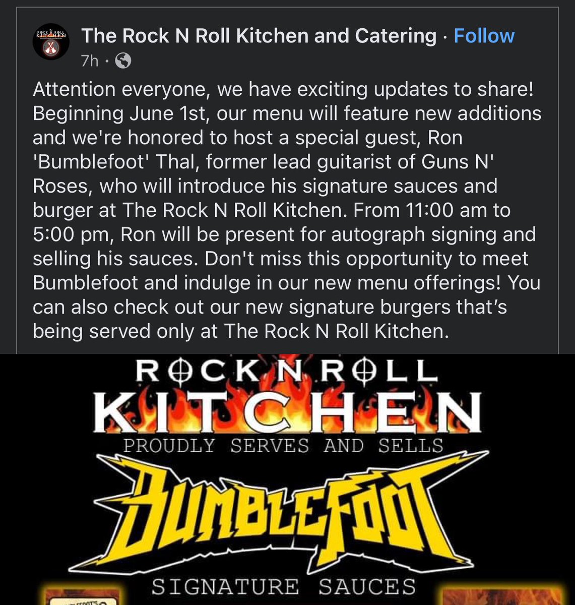 Come hang (and EAT!) w/ @Bumblefoot 
June 1st at The Rock N Roll Kitchen 
in Metairie Louisiana (west New Orleans) 🤘😁🤘 
Burgers &amp; wings &amp; more…. 
   and lots of @BumblefootsHotSauce! 🌶️🌶️🌶️

When: 11am - 5pm, June 1st
Where: 3804 Veterans Blvd, Metairie LA 70002