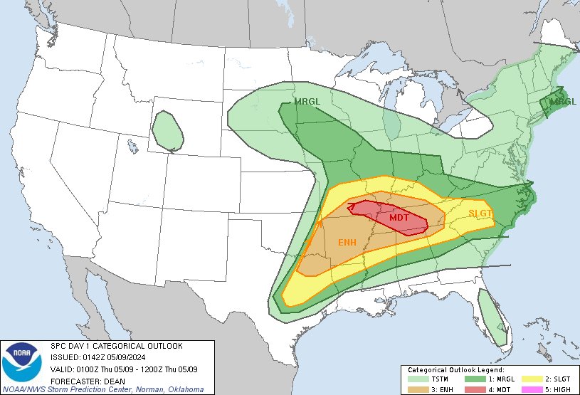 8:44pm CDT #SPC Day1 Outlook Moderate Risk: from southeast MO into western KY western/middle TN northern AL far northwest GA spc.noaa.gov/products/outlo…