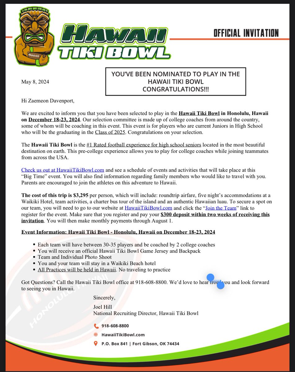 Zae Davenport (@zaedavenport25) on Twitter photo Honored to have received an invitation to the Hawaii Tiki Bowl Thank you for this opportunity <a href="/HawaiiTikiBowl/">Hawaii Tiki Bowl</a>
<a href="/CoachMicahFaler/">Micah Faler</a>
<a href="/DBCoachEllis/">Bradd Ellis</a>
<a href="/LebanonAthDept/">Lebanon Athletics</a>
I can’t wait for the experience
Ready to work!!! Honored to have received an invitation to the Hawaii Tiki Bowl Thank you for this opportunity <a href="/HawaiiTikiBowl/">Hawaii Tiki Bowl</a>
<a href="/CoachMicahFaler/">Micah Faler</a>
<a href="/DBCoachEllis/">Bradd Ellis</a>
<a href="/LebanonAthDept/">Lebanon Athletics</a>
I can’t wait for the experience
Ready to work!!!