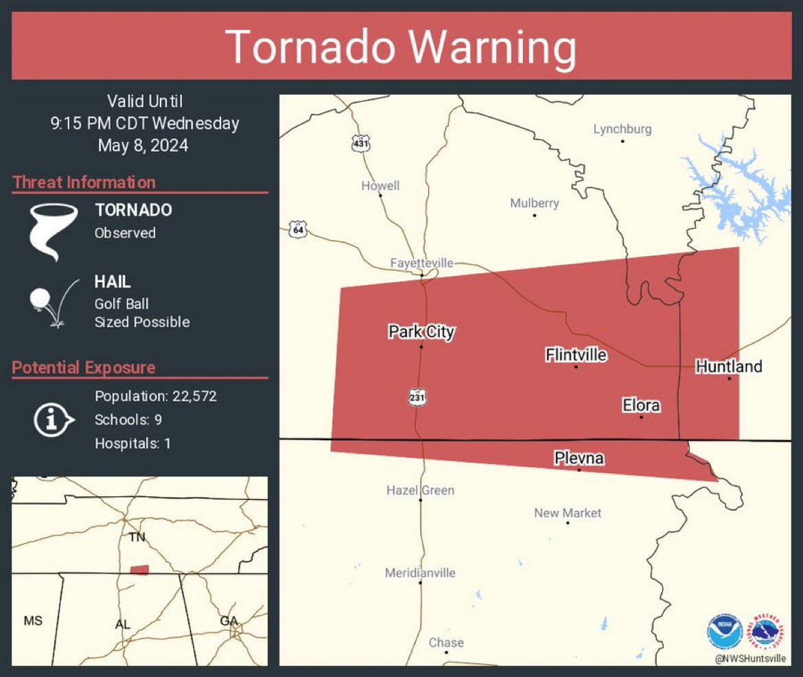 #Tornado Warning continues for #ParkCity TN, #Huntland TN and  #Flintville TN until 9:15 PM CDT