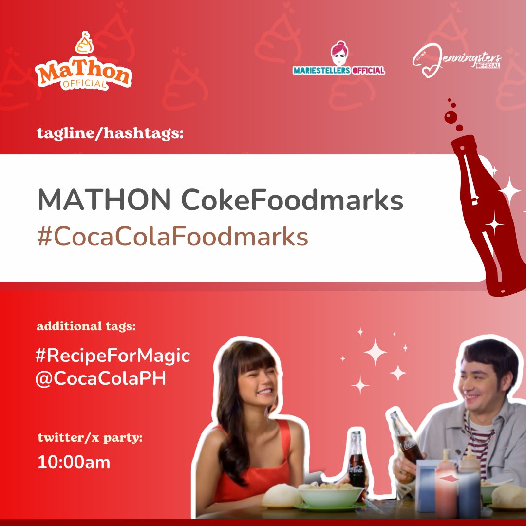 MaThonOFC's tweet image. Hello, everyone! Let’s celebrate with @CocaColaPH for the Coke Foodmarks launch today! ❤️

Stay tuned for updates and tweet with us using these tags:

MATHON CokeFoodmarks
#CocaColaFoodmarks
#RecipeForMagic

@Mariestellersss @jenningsters_