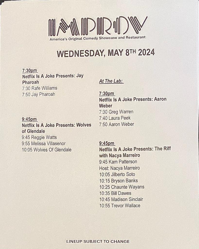HollywoodImprov's tweet photo. Set times for Night 7 of @NetflixIsAJoke at The Improv! #wolvesofglendale are SOLD OUT! Very Limited tickets left for @JayPharoah @realaaronweber &amp; #nacyamarreiro Get those now at https://t.co/qi9Rnu29d4 or arrive early and buy at the door! #hollywoodimprov #comedy https://t.co/TwnLraR5hu